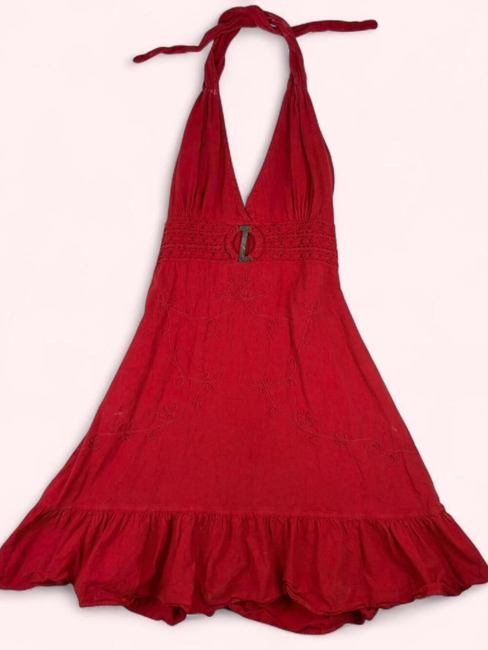 Red halter neck dress with ruffle hem and cute embroidered details